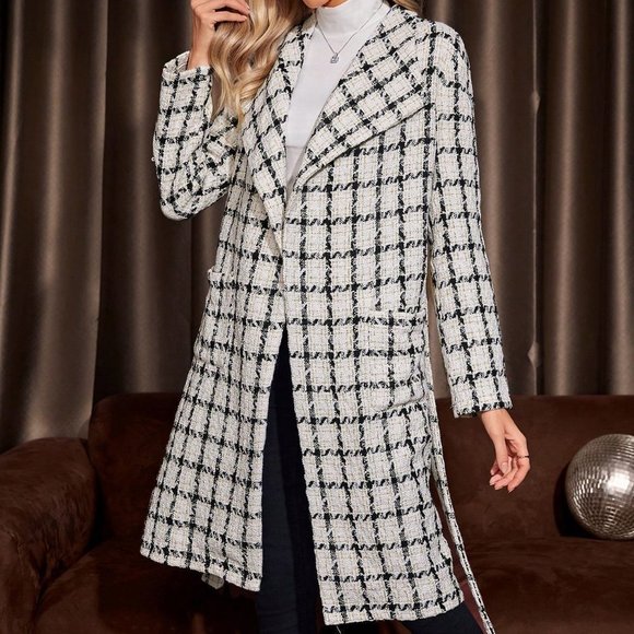 Chic Plaid Print Waterfall Collar Belted Tweed Overcoat - Picture 5 of 5